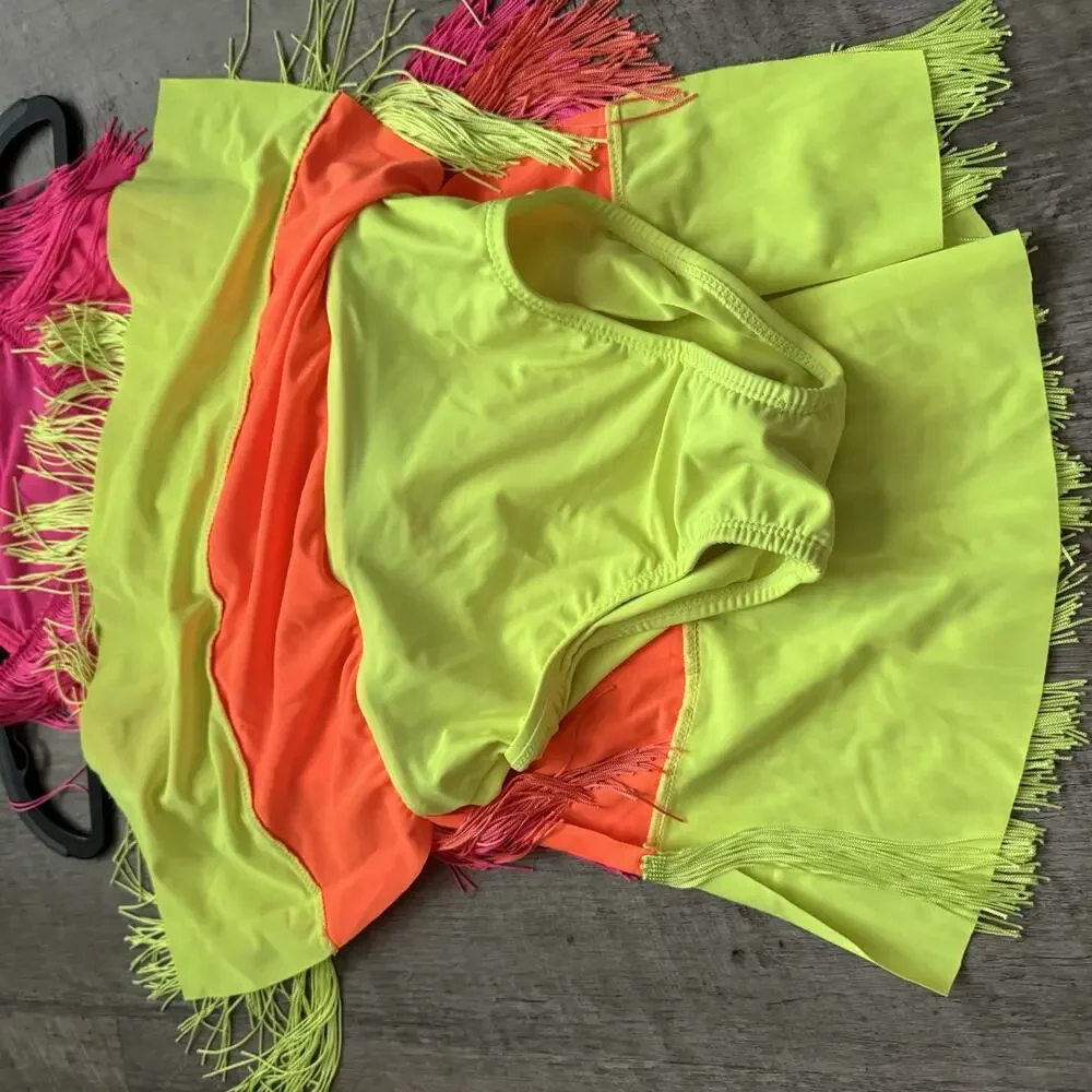 Revolution RC24609 What Is Love Size LC Girls Large Dance Leotard Fringe Neon